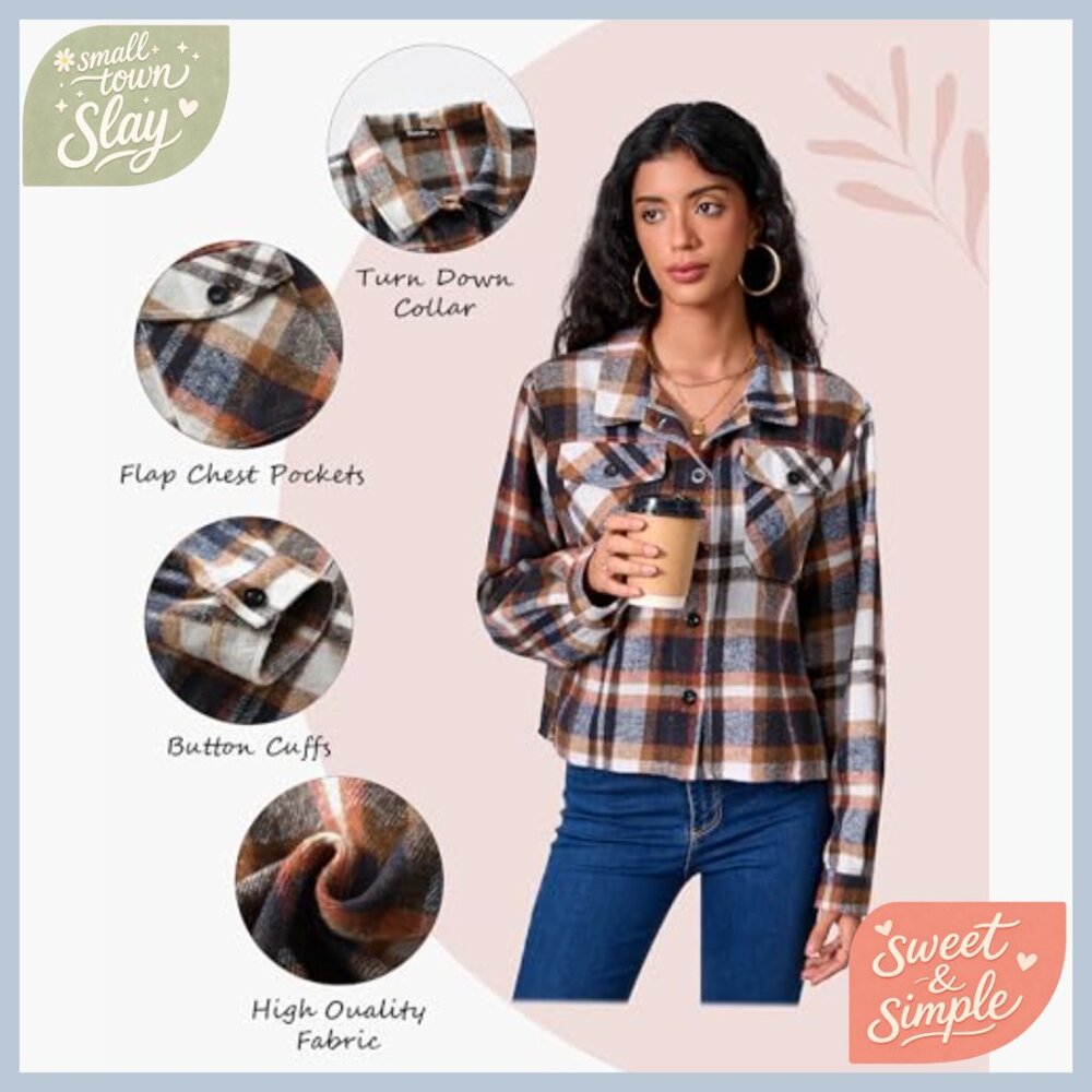Cropped Flannel Shacket Button Down Casual Jacket… - image 7